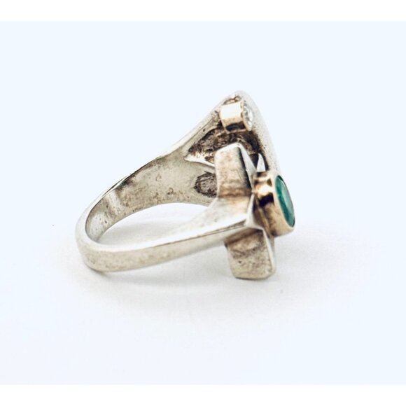 Sterling Silver Moon & Star Ring w/ Emerald & CZ Unique Celestial Statement - Picture 2 of 10